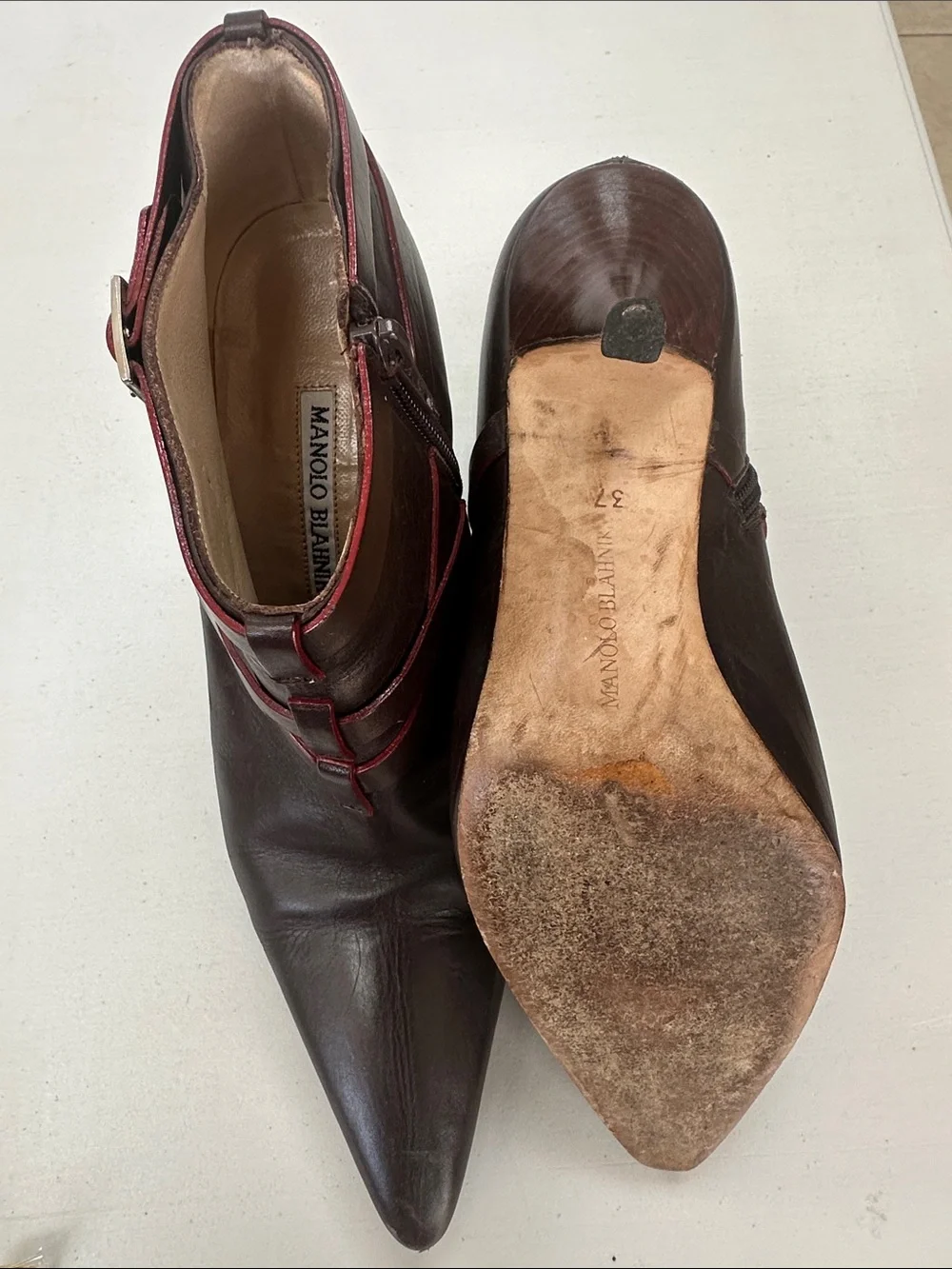 Manolo Blahnik Dark Brown Leather Pointed Ankle Boots with Red Trim